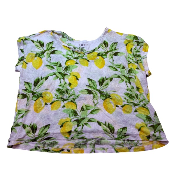 LOFT Tops - LOFT Women XL White Yellow Lemon Print 100% Linen Knit Scoop Neck Tee Top 5246